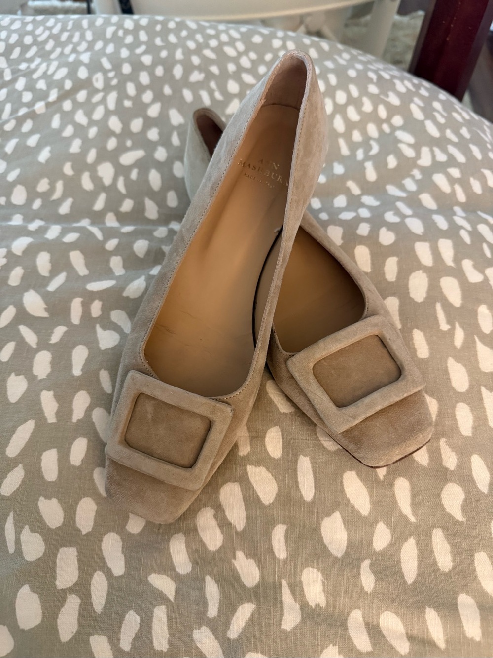 ANN MASHBURN Taupe Buckle Suede Square-Toe Flats with Buckle Detail. Color Sand